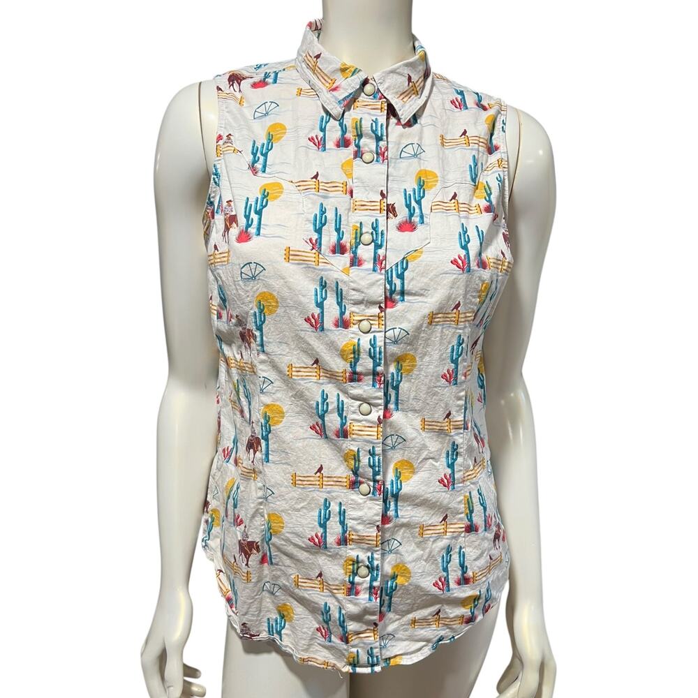 Rock and Roll Denim Western Print Sleeveless Shirt Size L Cowboys